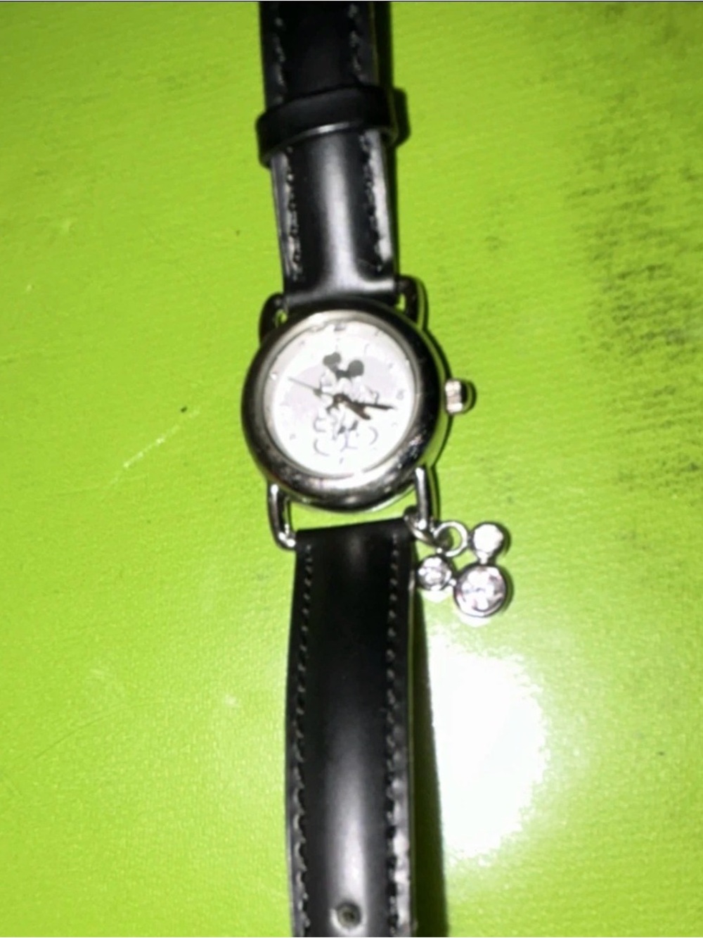 Disney Black Leather Strap Mickey Mouse Charm Watch